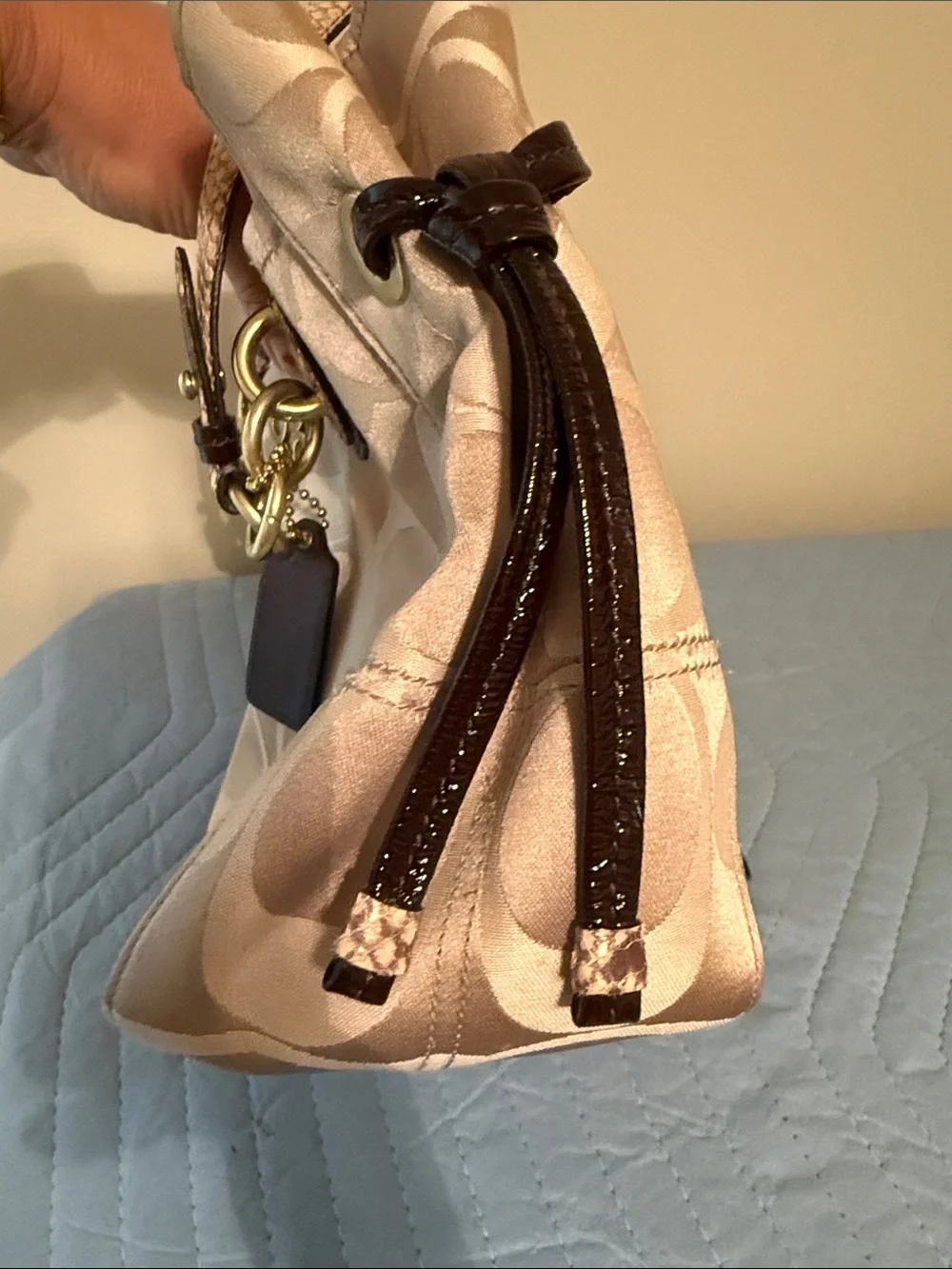 Coach Beige Signature Canvas Shoulder Tote with Dark Brown Trim